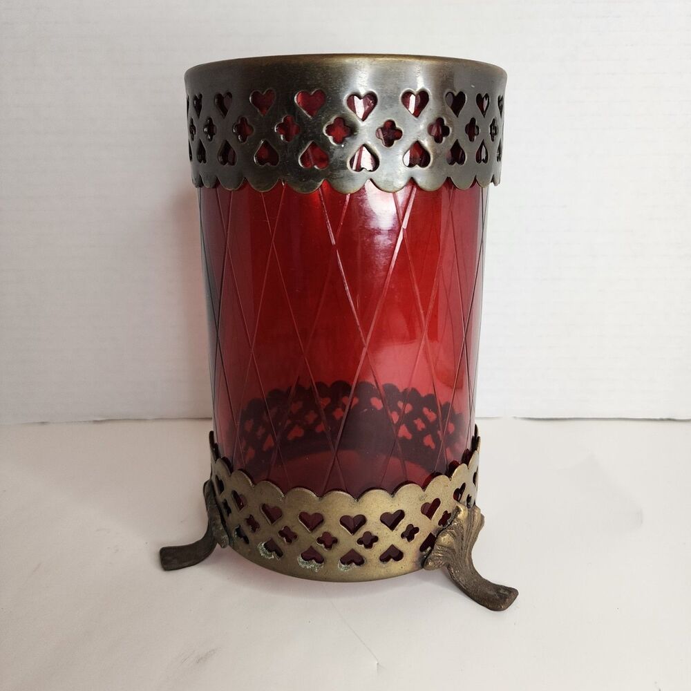 Vintage Bohemian Footed Ruby Red Diamond Cut w/Brass  Trim 7"  x 4" Candleholder